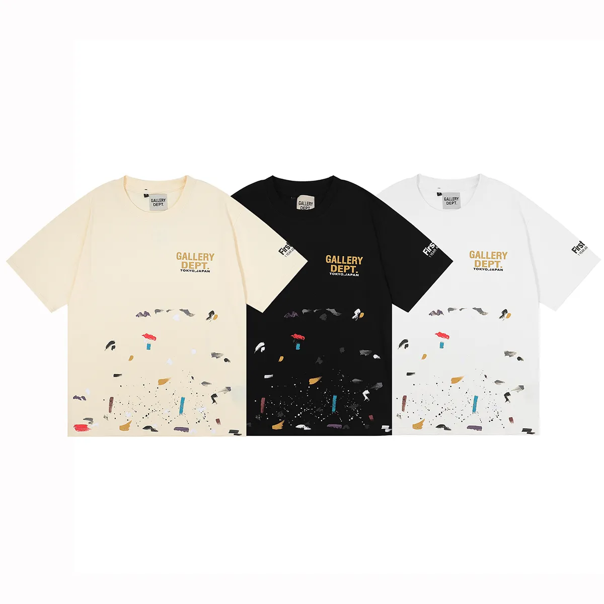 No. 6007, batch 104, GALLERY DEPT TOKYO JAPAN limited edition, colorful printed splash-ink high street loose TEE. Selected 230g 32-count smooth double yarn fabric, fine workmanship and superb quality! The fit is loose and super comfortable to wear, and the size is 2 sizes larger than the normal domestic size. Color: apricot, black, white Size: S M L